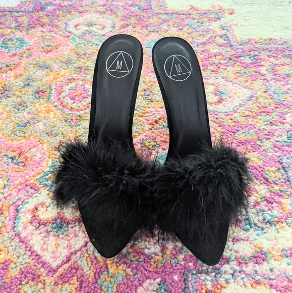 Black Feather Peep Toe Mules - Picture 4 of 5
